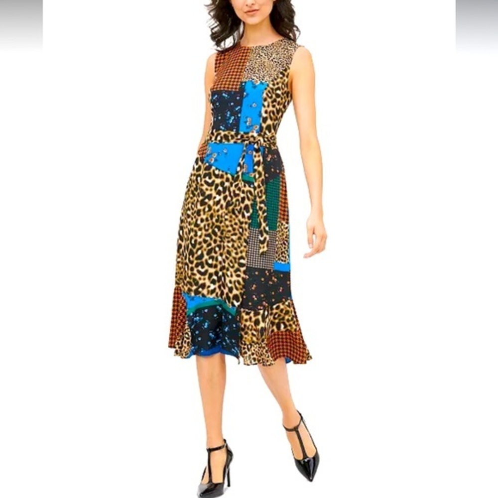 Calvin Klein Patchwork Midi Dress with Leopard Accents